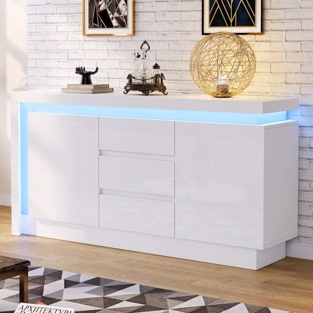 Sideboard Bianco Lucido 140x35x72 cm con LED, 2 Ante e 3 Cassetti, Ripiani Regolabili per Camera e Soggiorno