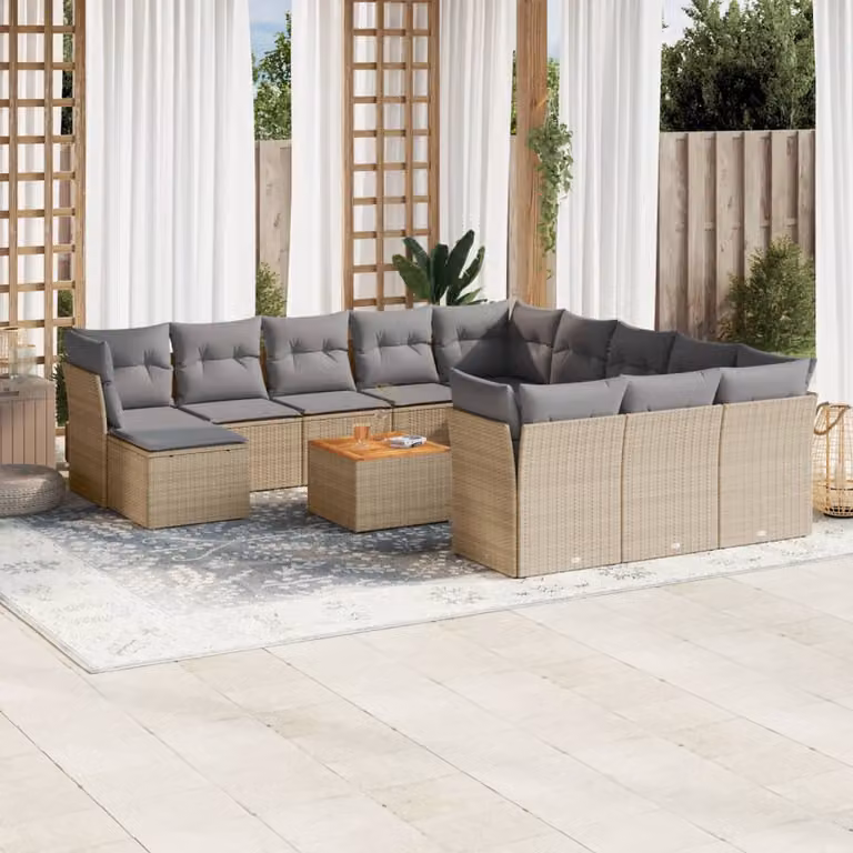 Set Divano da Giardino vidaXL 13 pz in Polyrattan con Cuscini Beige e Tavolino, Design Moderno a L con Ottoman e Struttura in Legno di Acacia