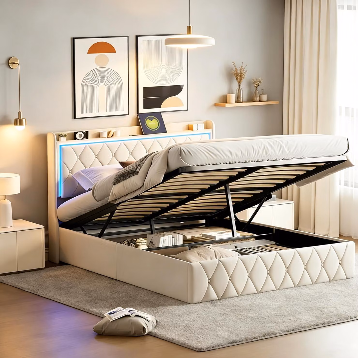 Letto imbottito INONEFT, 140 x 200 cm, letto matrimoniale con LED e USB, letto box con sistema idraulico e spazio contenitore, testiera, letto per ragazzi, rete a doghe, velluto, beige