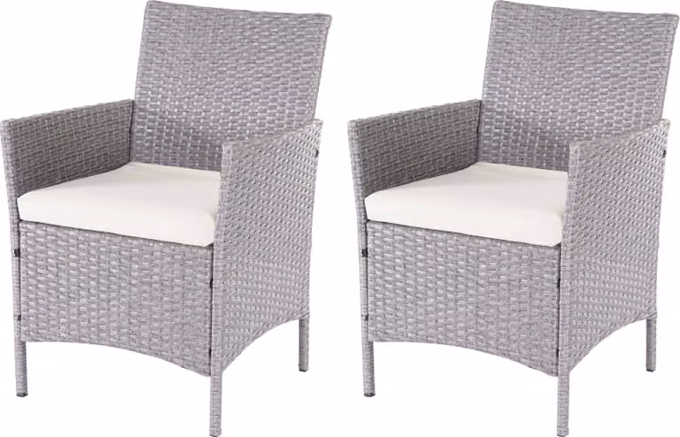 set di 2 poltrone da giardino in polirattan Halden, poltrona in vimini ~ grigio, cuscini crema