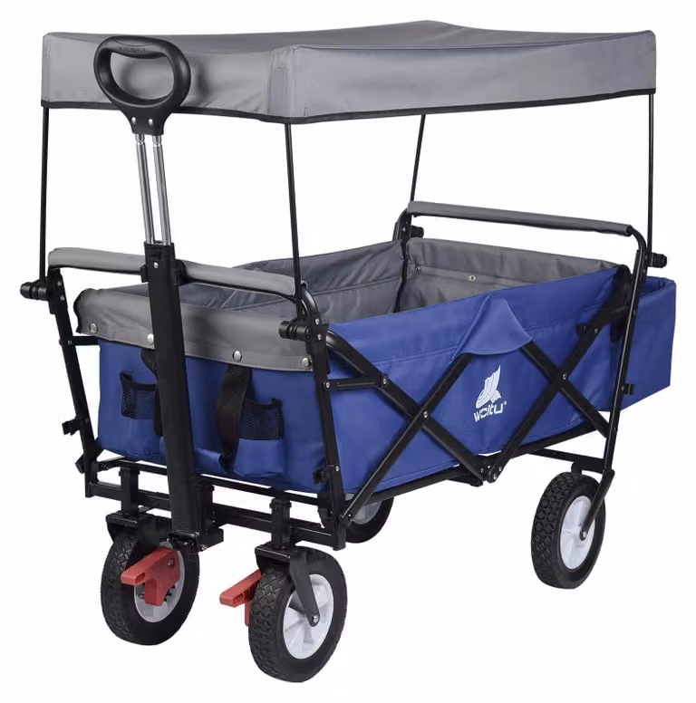 Carrello pieghevole per la spesa - Carrello per il trasporto - Ideale per giardino e spiaggia - 4 ruote - Con tettuccio parasole - Blu