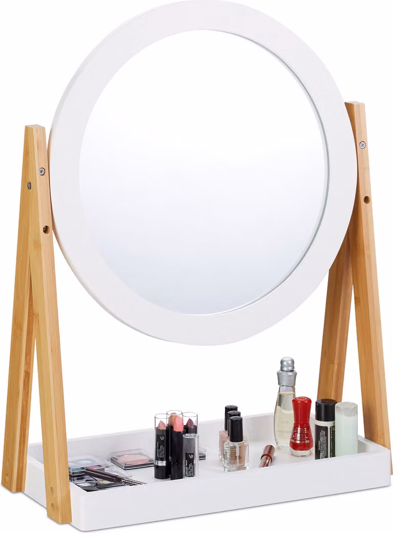 Specchio da trucco Relaxdays, orientabile, con ripiano per trucchi e cosmetici, specchio da tavolo ∅ 32,5 cm, bambù, MDF, bianco-naturale