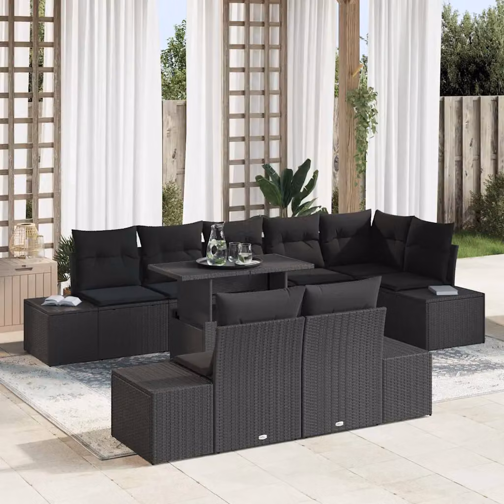 Set Divano da Giardino vidaXL in Polyrattan Nero con Cuscini e Tavolino da Esterno a Forma di U – 1