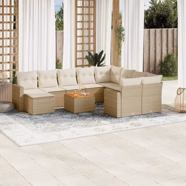 Set di divani da giardino vidaXL in polyrattan beige con cuscini e tavolino da esterno 11 pezzi