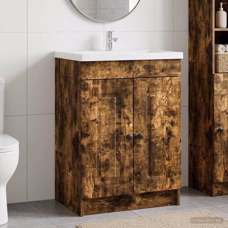 Mobiletto da bagno sotto il lavello vidaXL in Rovere Fumo con ante a battente e ripiani interni, L/P/H: 81.0 x 37.5 x 56.0 cm