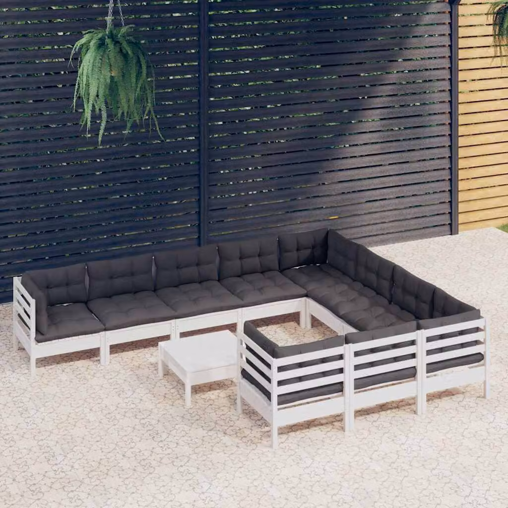 Set di divani da giardino vidaXL a forma di U composto da 11 pezzi in legno di pino con cuscini bianchi e antracite