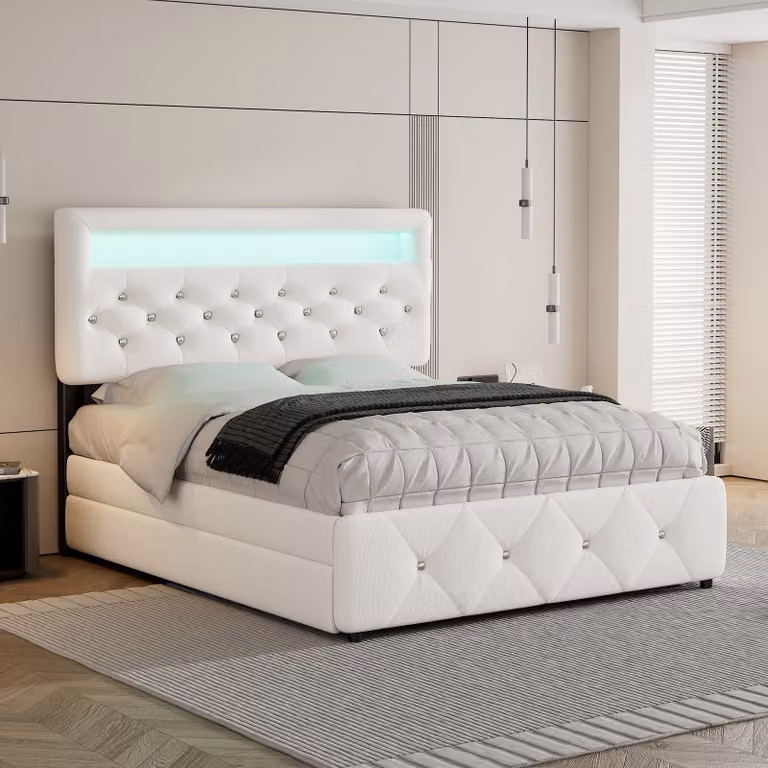MODFU Letto imbottito Funzionale 140x200 cm con letto estraibile 90x190cm, letto matrimoniale Letto contenitore con illuminazione LED e 2 cassetti, tessuto di lino Beige (con materasso)