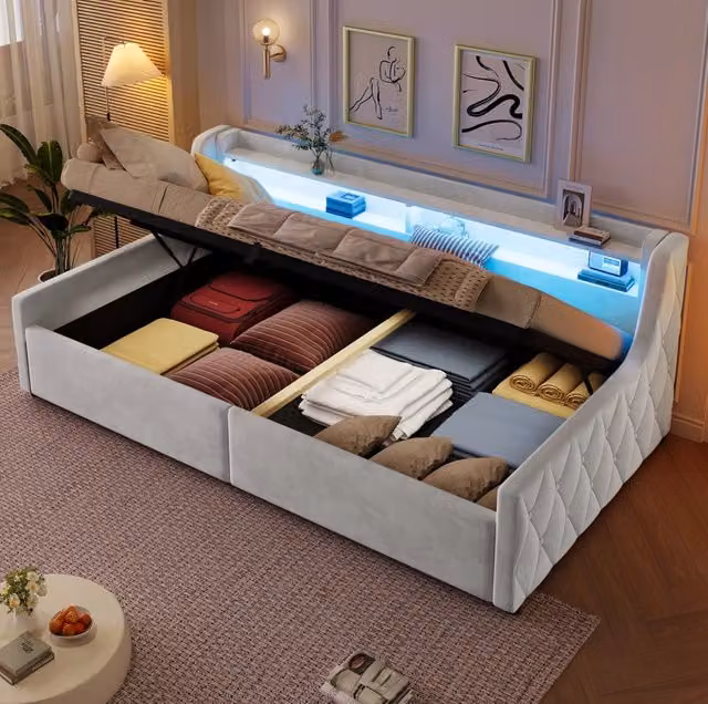 Letto singolo imbottito MODFU con contenitore a sollevamento e illuminazione LED, bianco crema, L/P/H: 90 x 200 x 105 cm