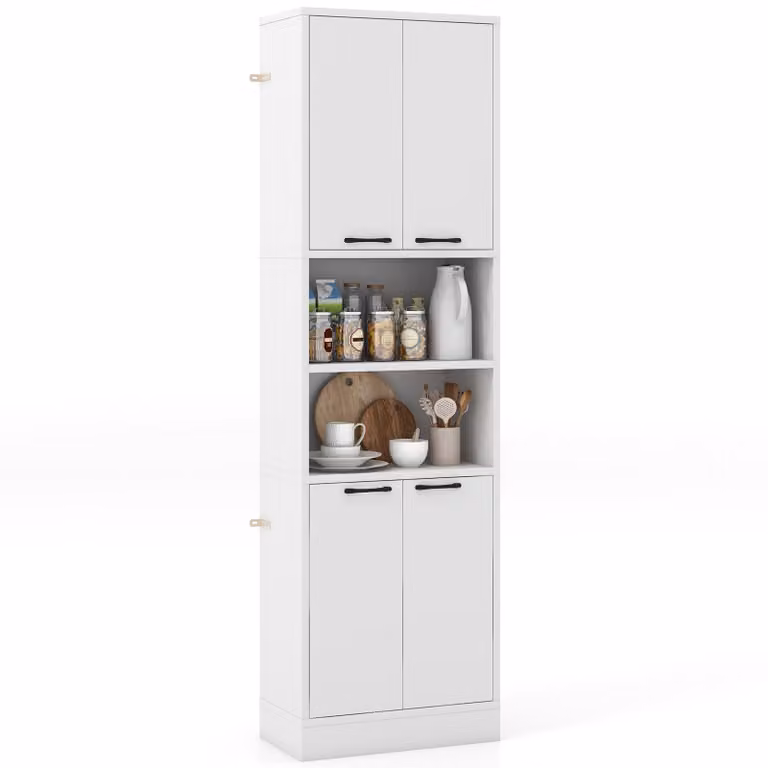 COSTWAY Armadio da cucina alto 190 cm, mobile alto con ante, ripiani, cerniere di sicurezza e protezione antiribaltamento, credenza indipendente multiuso per sala da pranzo, soggiorno bianco