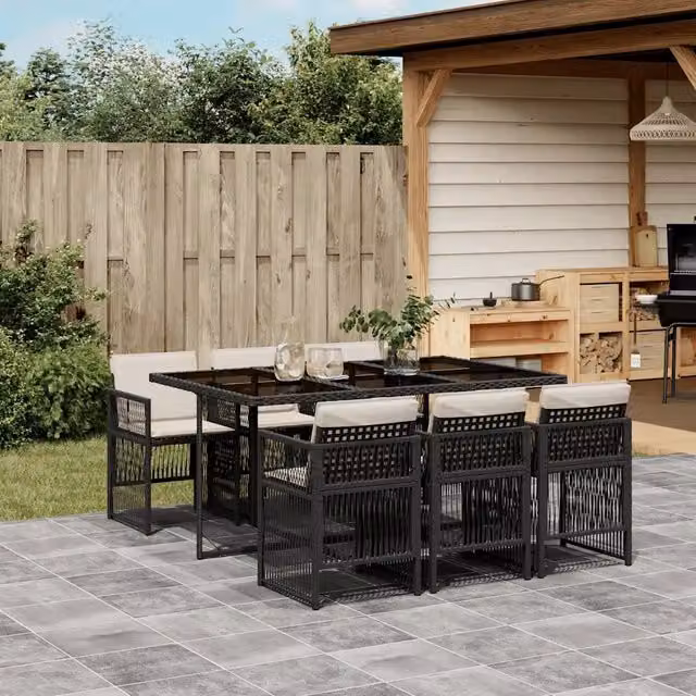 Set da Pranzo da Giardino 7 pz Nero con Cuscini in Polyrattan 3210906