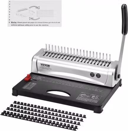 Rilegatrice a pettine VEVOR con 21 fori per formati A4, A5 e Lettera, capacità 450 fogli, colore argento