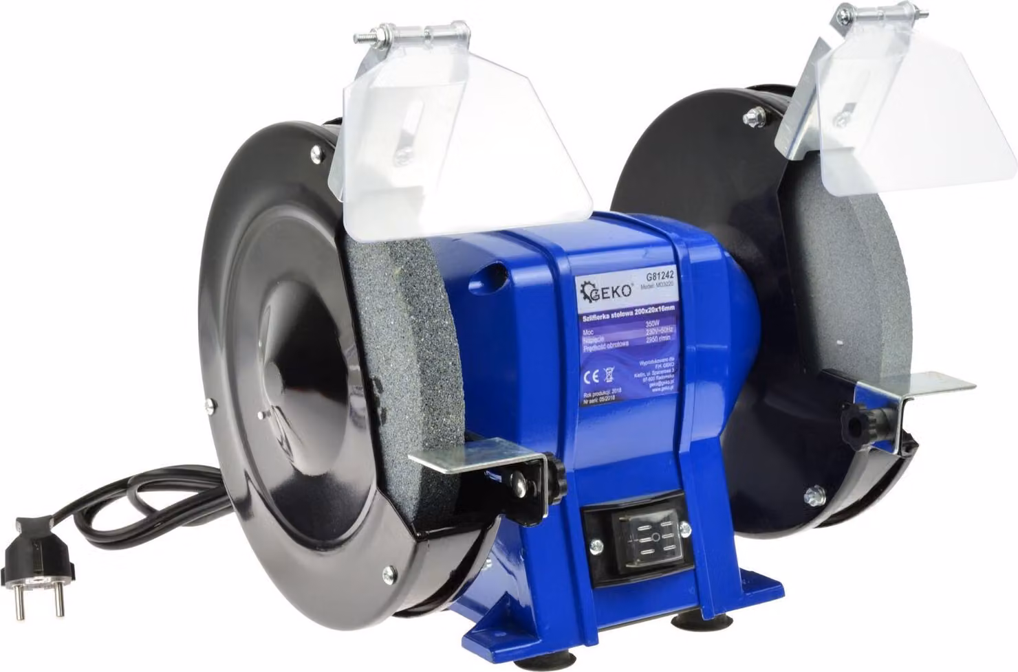 Smerigliatrice da banco a due dischi da 200 mm - grana grossa e grana fine, potente motore da 350 W, ideale per smerigliare e lucidare, con occhielli di protezione regolabili