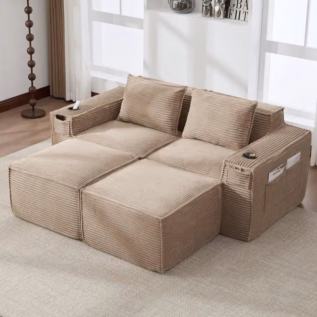 Divano modulare REDOM a L con pouf coordinato, rivestimento in velluto a coste beige, L/P/H: 188 x 162 x 75 cm
