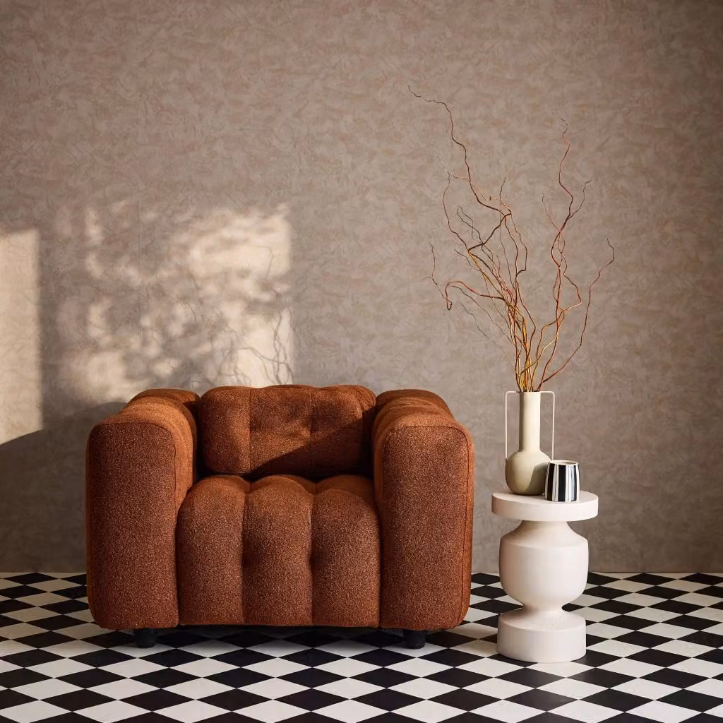 Poltrona lounge moderna Sweeek in tessuto bouclé color arancione con imbottitura in schiuma – 2