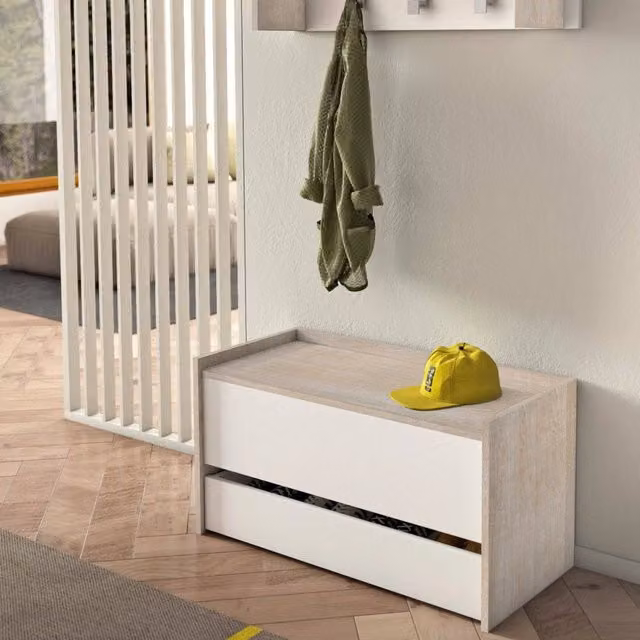 Cassapanca Sogno DMORA, Mobile da ingresso moderno con scarpiera e due contenitori, Bianco e Rovere, L: 90 cm, P: 40 cm, H: 46 cm
