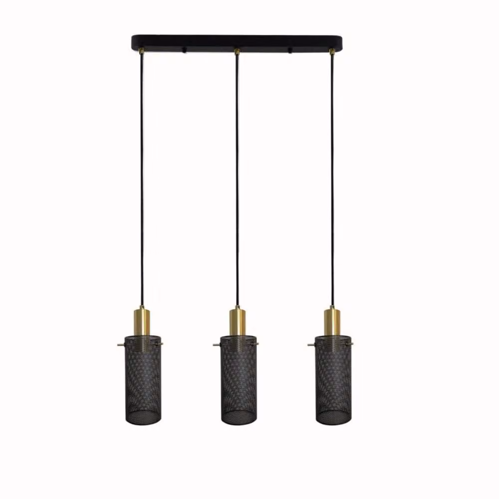 Lampada a sospensione a 3 luci, modello Tirana, finitura nero e oro