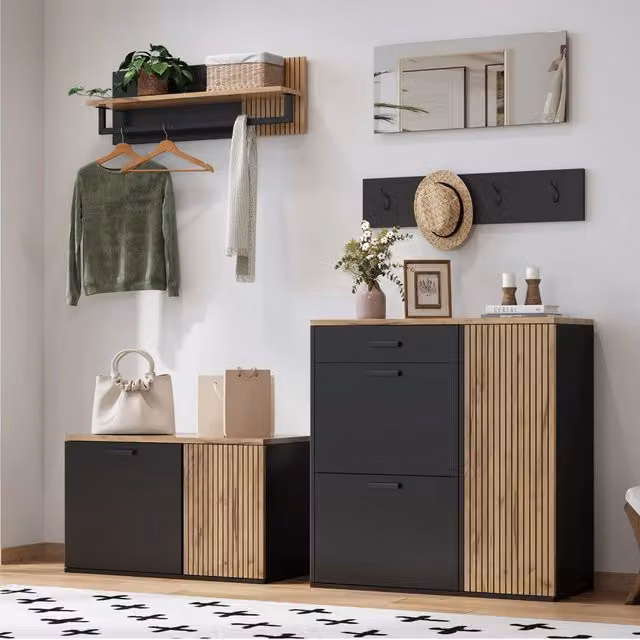 Set Mobili Ingresso REDOM 5 Pezzi Moderno con Specchio Scarpiera Panca e Appendiabiti Nero e Naturale – 1