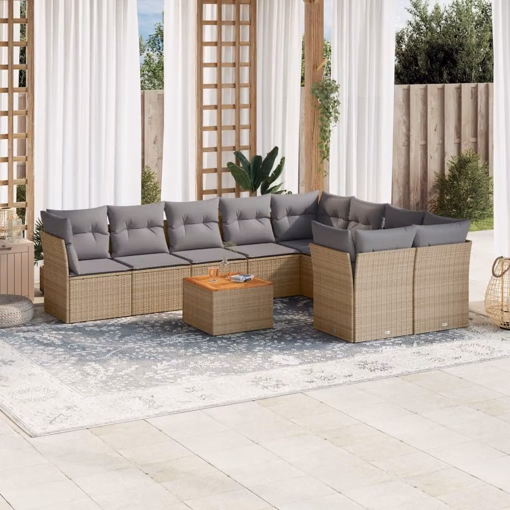 Set Divano da Giardino vidaXL 10 pz in Polyrattan con Cuscini Beige e Grigio e Tavolino da Caffè – 1