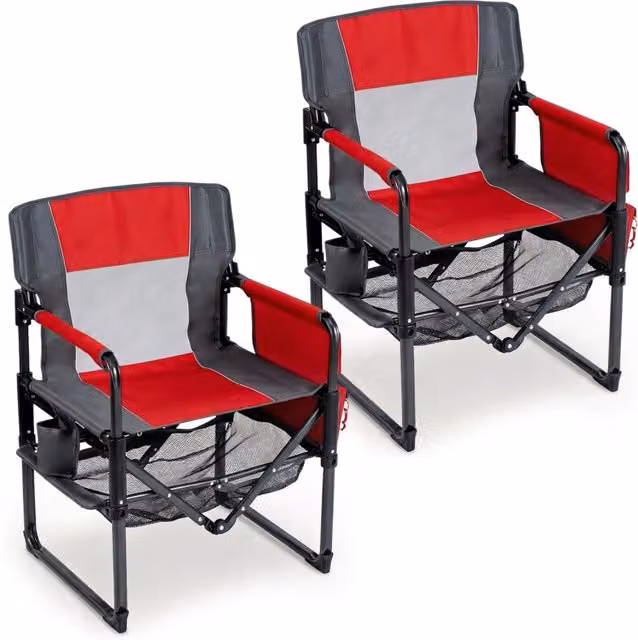 Set di 2 sedie da regista pieghevoli in metallo e tessuto textilene con portabicchiere e rete portaoggetti, colore rosso e grigio