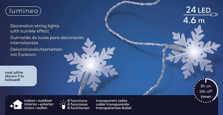 Lumineo fiocco di neve 24 LED 4,6 m bianco freddo, cavo trasparente