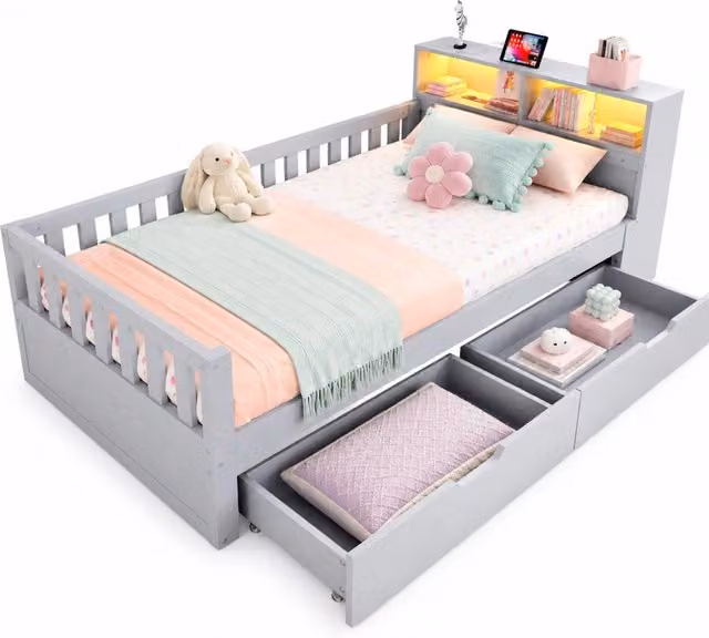 Letto divano singolo grigio con 2 cassetti, illuminazione LED, prese USB e tipo C e mensola portaoggetti, L/P/H: 90 x 200 x 41 cm