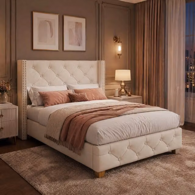 Letto imbottito REDOM in tessuto beige con rete a doghe L/P/H: 90 x 200 x 108 cm