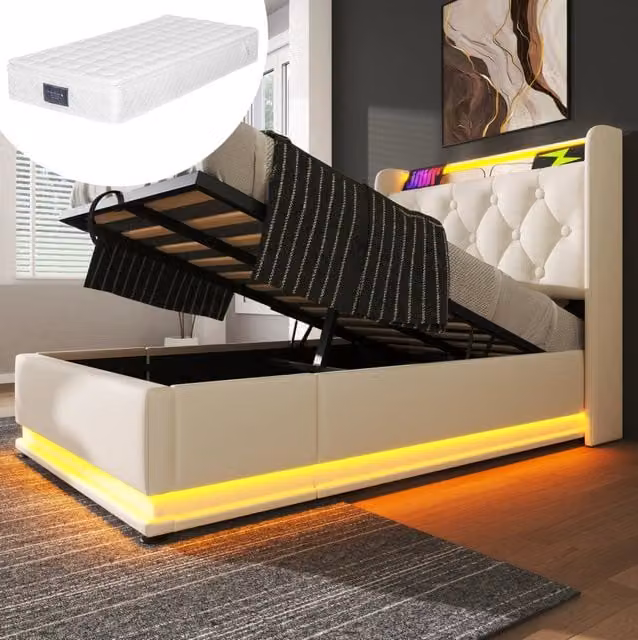 Letto singolo 90x200 cm in PU bianco con LED 360°, USB e contenitore, con materasso