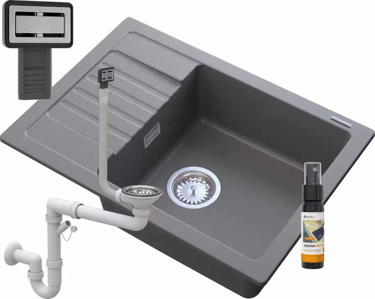 Granitan - Lavello in granito - Lavello da cucina - 62x44x18 cm - Grigio - con sifone e trattamento impermeabilizzante - Lavello - ARGOS