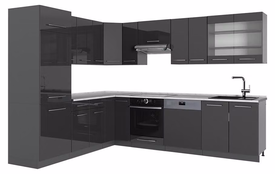 Cucina angolare completa Vicco Fame-Line Antracite lucido/Antracite 287 x 227 cm, PL Marmo, Model 56697