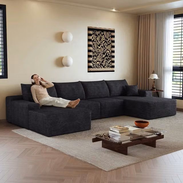Divano angolare modulare 340cm con chaise longue a forma di L, 5 posti in velluto a coste nero, seduta profonda