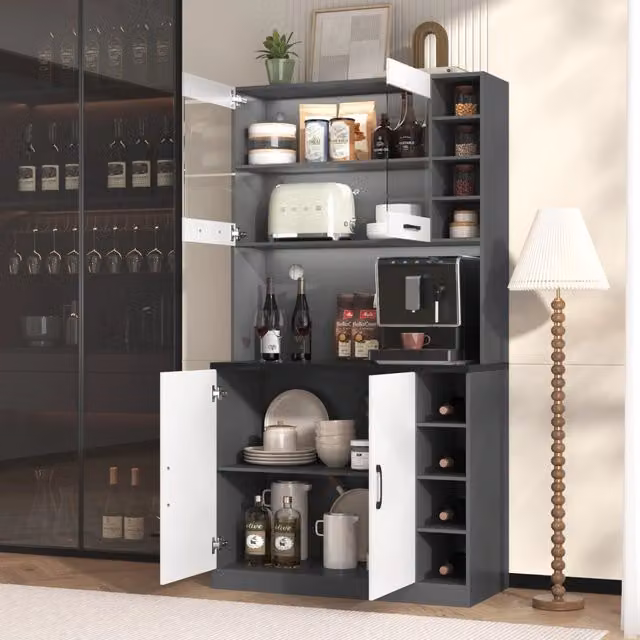 Credenza da cucina OKWISH con illuminazione LED e ante in vetro temperato, disponibile in bianco o grigio, L: 100 cm, P: 47 cm, H: 187 cm
