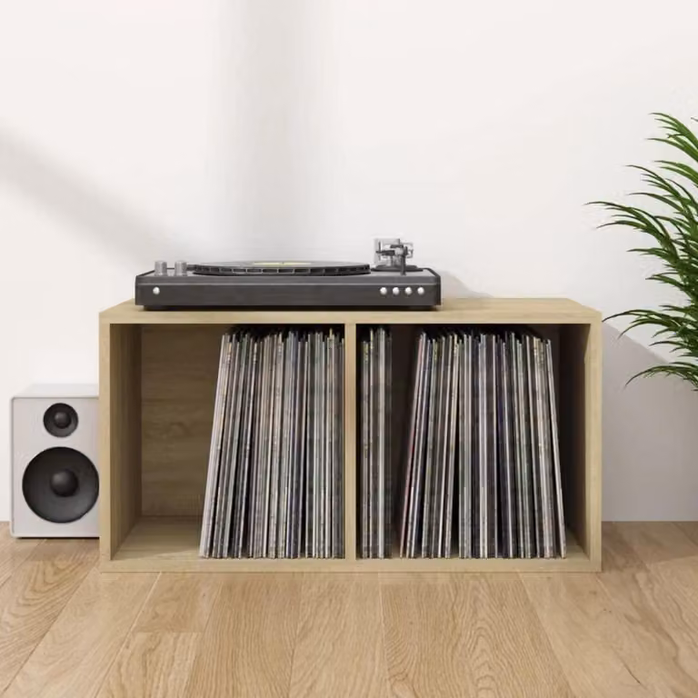 Contenitore per dischi in vinile con 2 scomparti, in legno di quercia Sonoma, dimensioni 71x34x36 cm