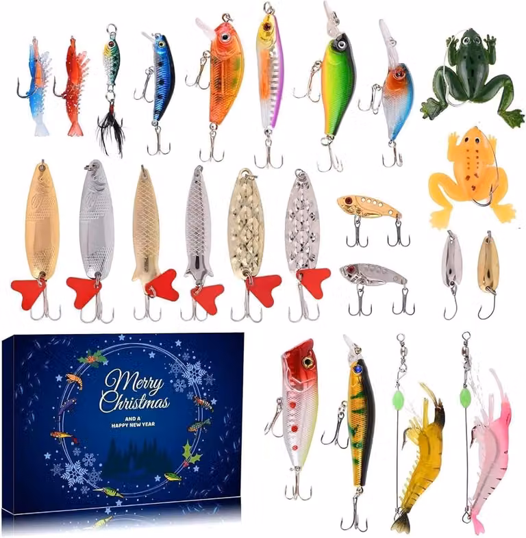 Calendario dell'Avvento per uomini 2025 - Calendario dell'Avvento a tema pesca per Natale - Set di esche da pesca - Calendario del Natale, regalo per pescatori