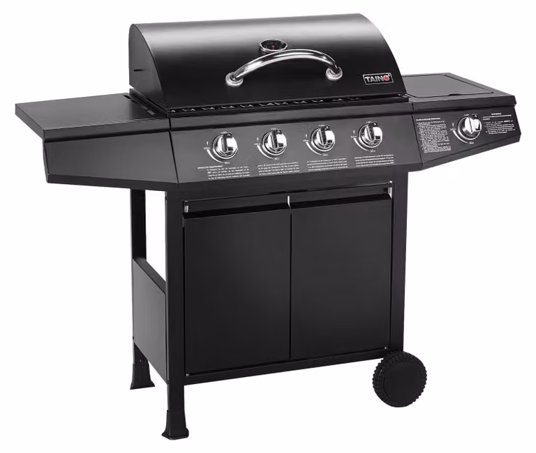 Barbecue a gas Griglia su ruote Basic 4+1 - Acciaio inossidabile - 126 x 103 x 50 cm - Con bruciatore laterale e termometro - Per terrazzo e giardino