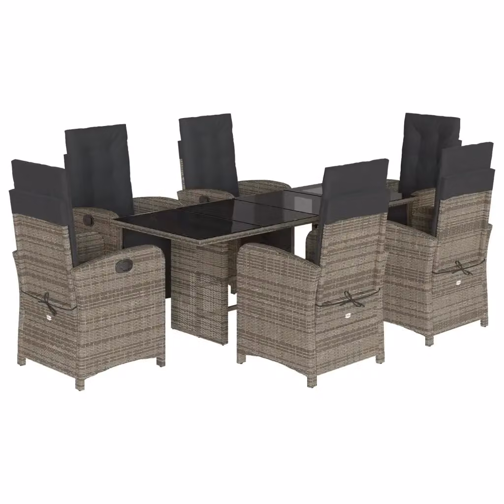 Set da pranzo da giardino vidaXL in polyrattan con cuscini e tavolo in vetro, 7 pezzi, Grigio e Nero – 2
