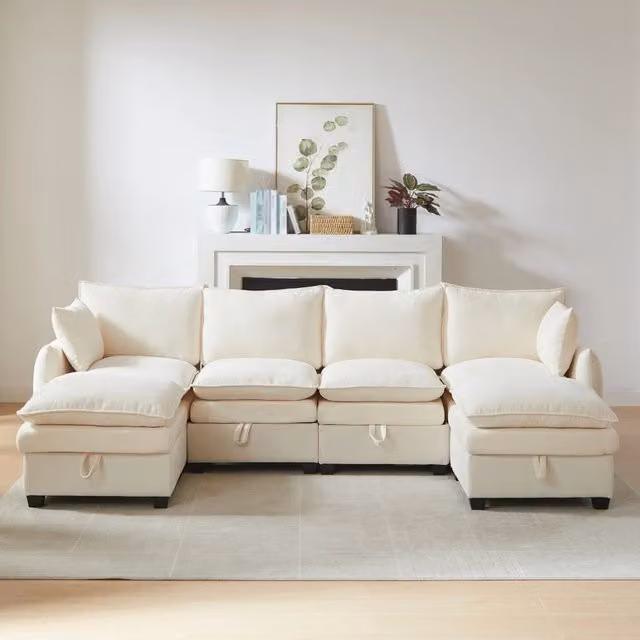 Divano Modulare a U Minimal con Contenitore in Velluto Chenille Beige e Bianco con Cuscini e Struttura in Legno Massello
