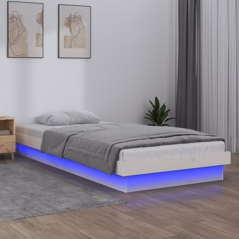 The Living Store Letto in legno massiccio con LED bianco 90x200 cm