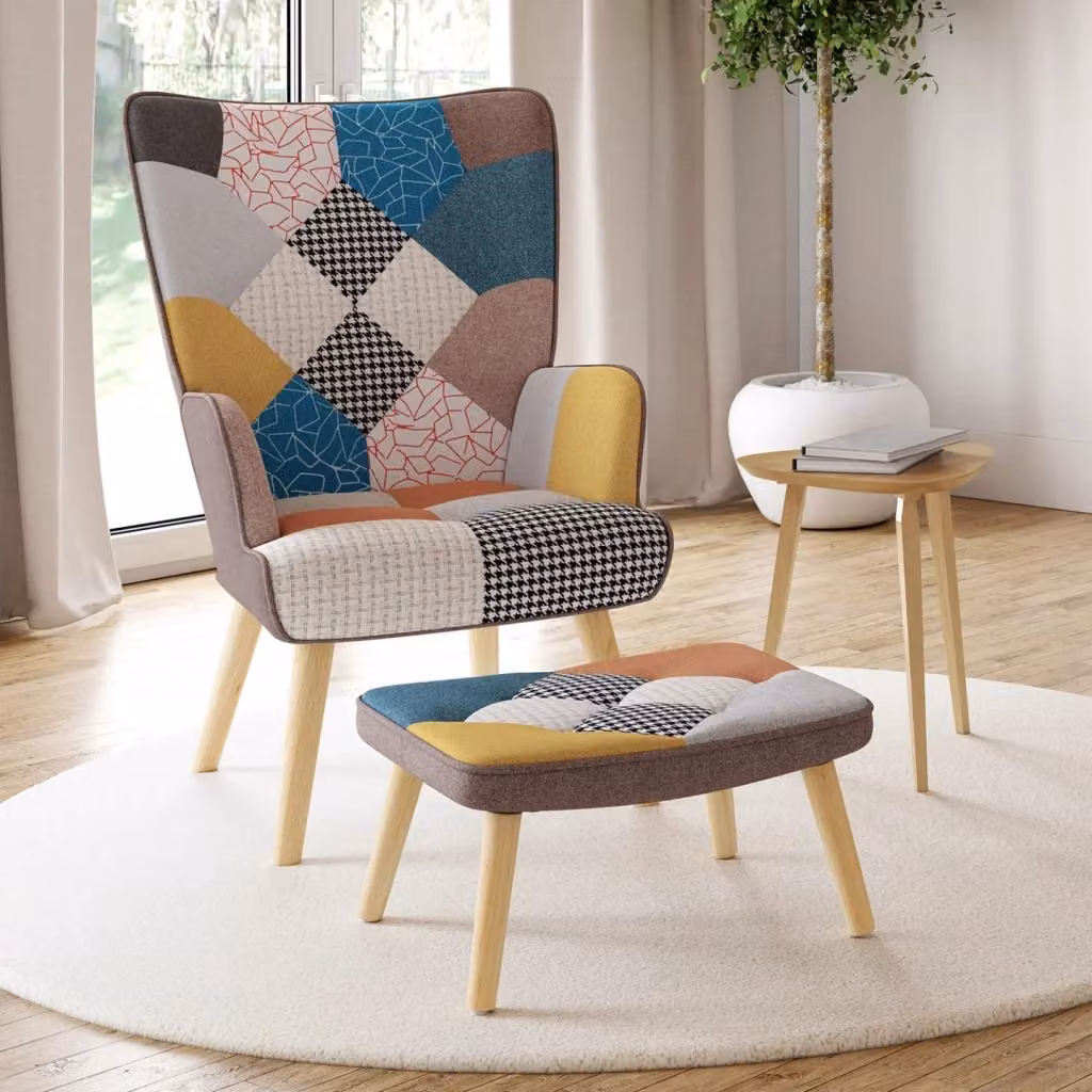Poltrona scandinava IDMarket IVAR con poggiapiedi in tessuto patchwork multicolore e struttura in legno massiccio – 2