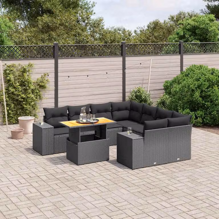 Set di Divani da Giardino vidaXL 9 pz a Forma a L con Cuscini, Polyrattan e Legno di Acacia, Colore Nero