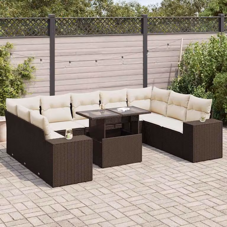 Set di divani da giardino vidaXL composto da 10 pezzi con cuscini in polyrattan marrone, bianco e beige