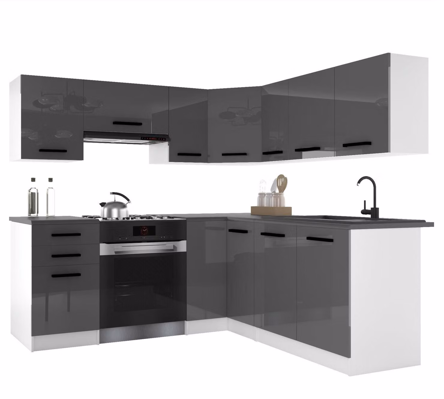 Belini - Angolo cottura moderno ITALIA 6 - Mobili da cucina 360 cm grigio lucido - Cucina componibile con pensili, mobili base e piani di lavoro