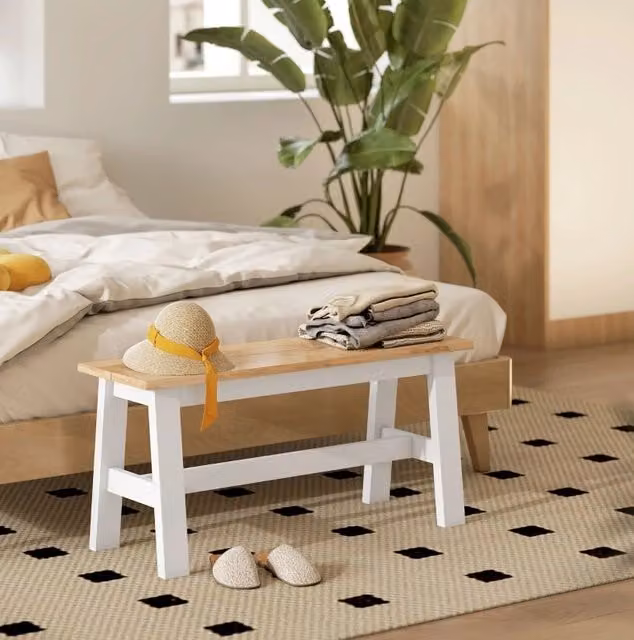 Panca da pranzo ULEVR 95x30x45 cm per 2 persone in legno di caucci¨´, finitura rovere naturale e bianco
