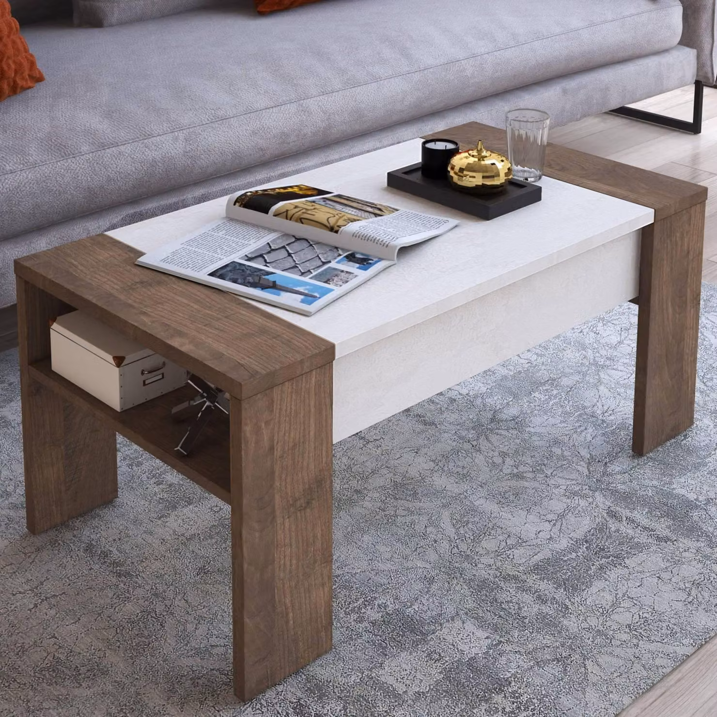 Dmora Tavolino da Salotto Corallo 98x50x43h cm Marrone Noce, un Vano Piano Sollevabile