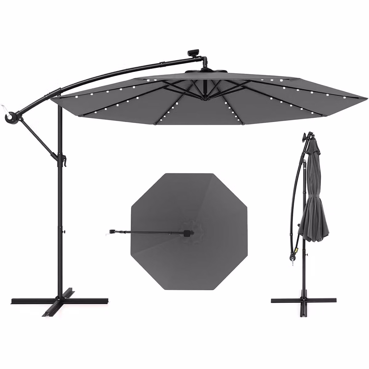 Ombrello solare a braccio Costway Grigio con 40 lampadine e pannello solare, Diametro: 300 cm