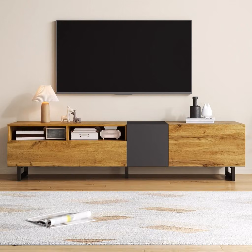 Mobile TV Mivray moderno con tre ante e due vani aperti, finitura grigio scuro e naturale con gambe in metallo, L: 170 cm, P: 36.5 cm, H: 42 cm – 2