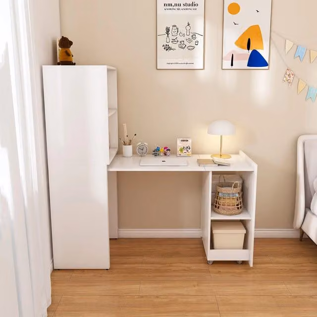 Scrivania regolabile Minimal con cassetti e ripiani, Bianco legno, L 90 x P 50 x H 75 cm