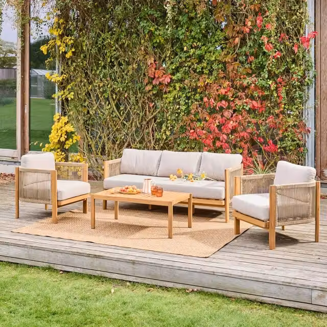 Set da giardino Sweeek in legno di acacia e corda, 5 posti, beige con cuscini inclusi – 1