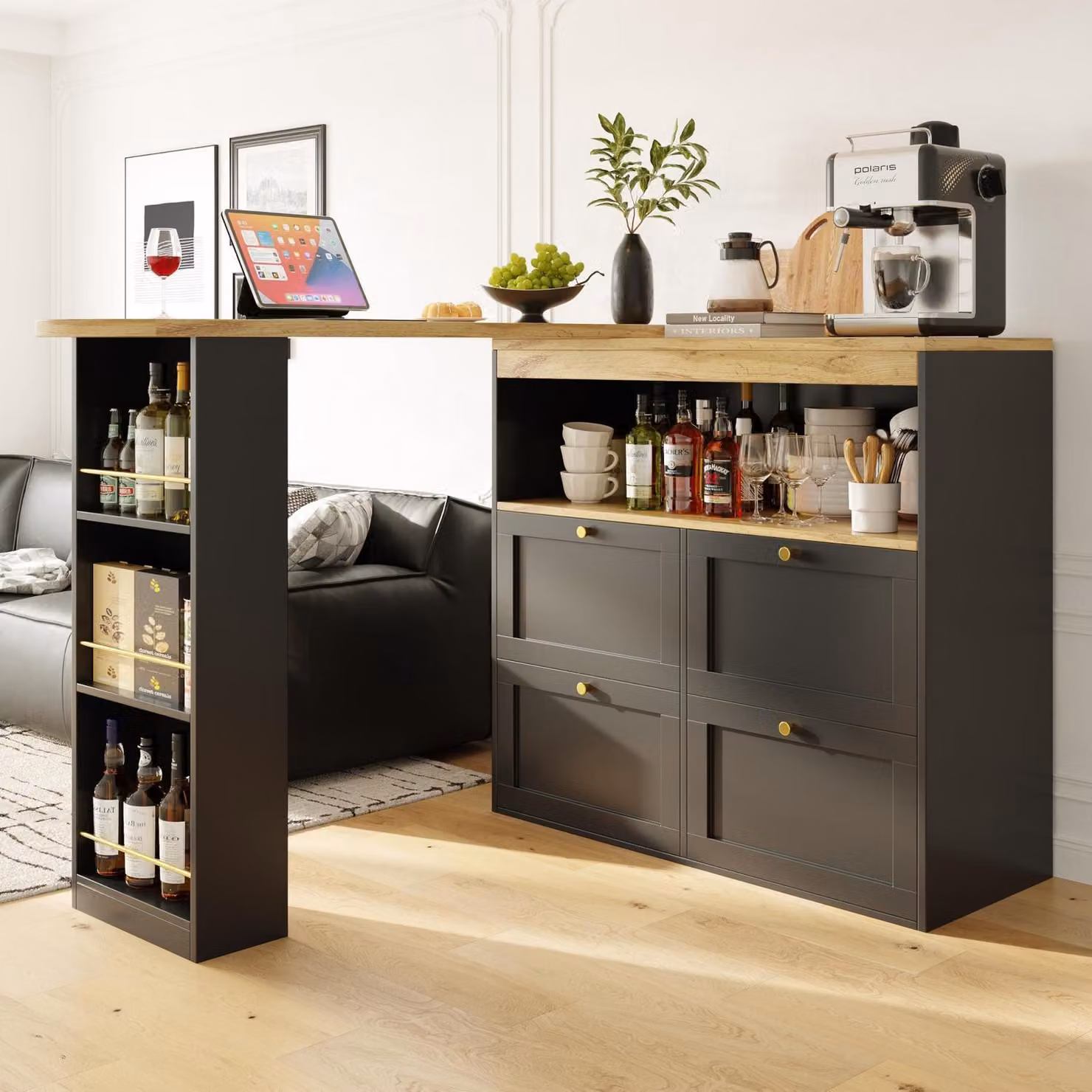 Tavolo pieghevole da pranzo con spazio contenitivo, tavolo da cucina allungabile, con cassetto e ripiani, colore nero e legno, dimensioni 138x104 cm