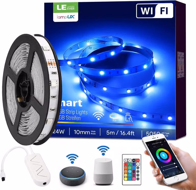Striscia LED compatibile con Alexa, 5 metri, striscia LED smart IP20 con telecomando, luce LED Bluetooth WiFi 5050 per casa, cucina, feste, TV. Compatibile con Alexa e Google Home