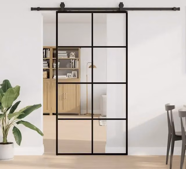 Porta Scorrevole Moderna VIDAXL in Vetro Trasparente con Telaio in Alluminio Nero L: 102,5 cm, H: 205 cm